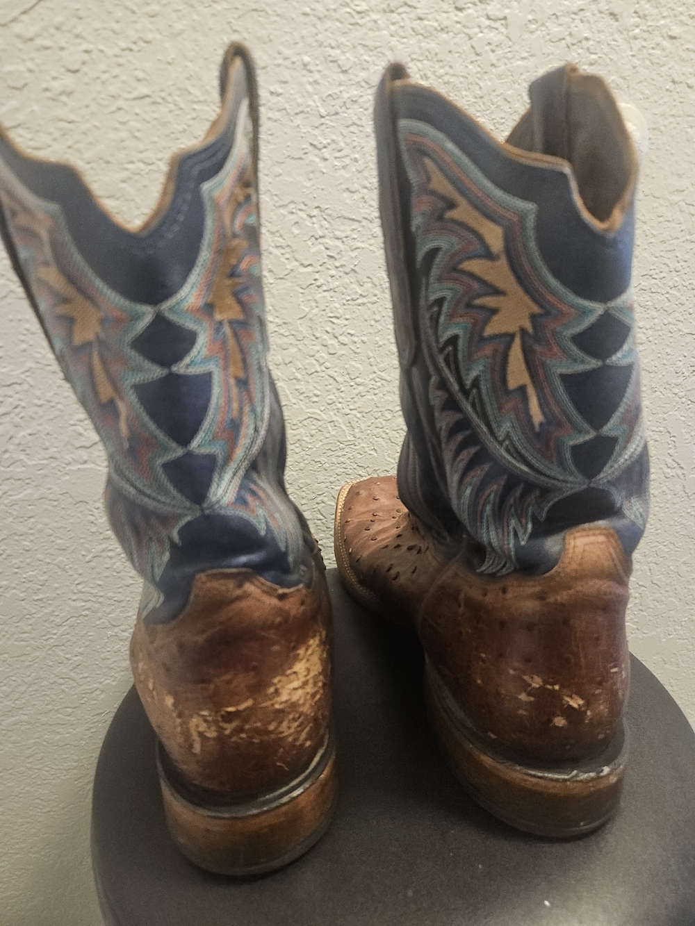 Tony Lama Brown Ostrich Leather with Blue Embroidered Shaft Cowboy Boots - Picture 7 of 9